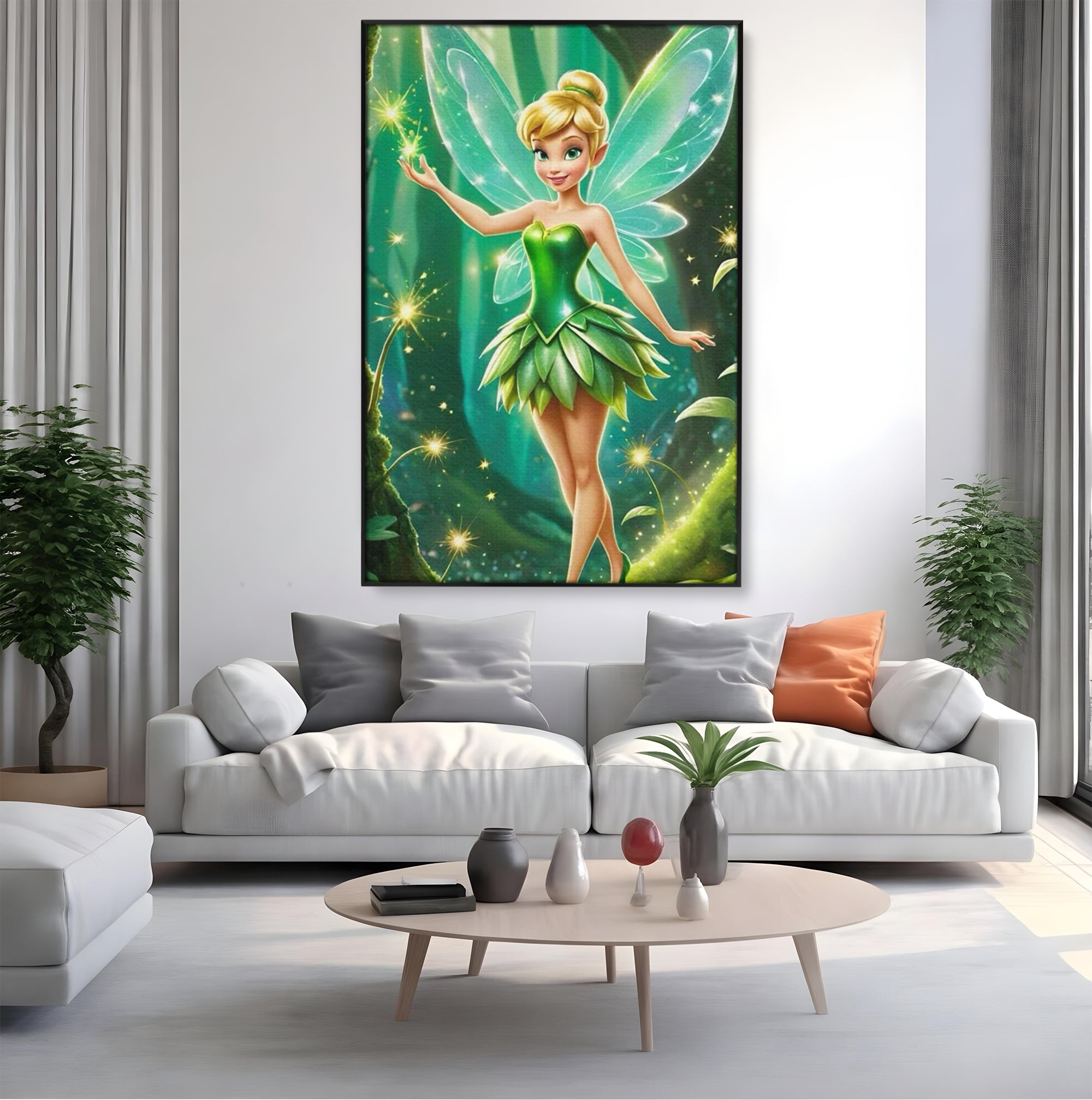 Tablou canvas cu tablou canvas cu zana tinker bell, in rama de aluminiu negru, pe perete intr-un living